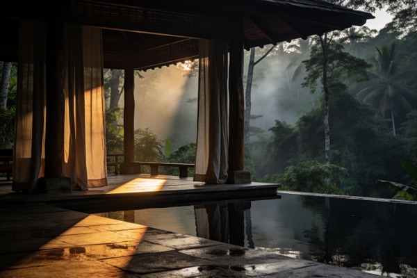 Open-air pavilion over a still pool at first light
