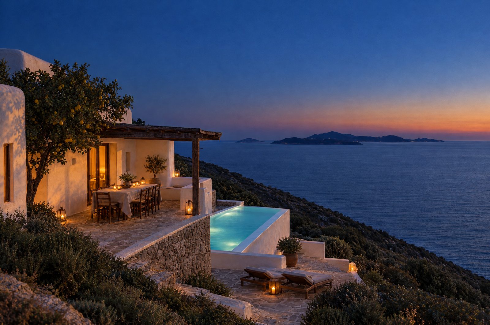 Concept image of The Terrace at blue hour with lanterns lit, used to illustrate film direction