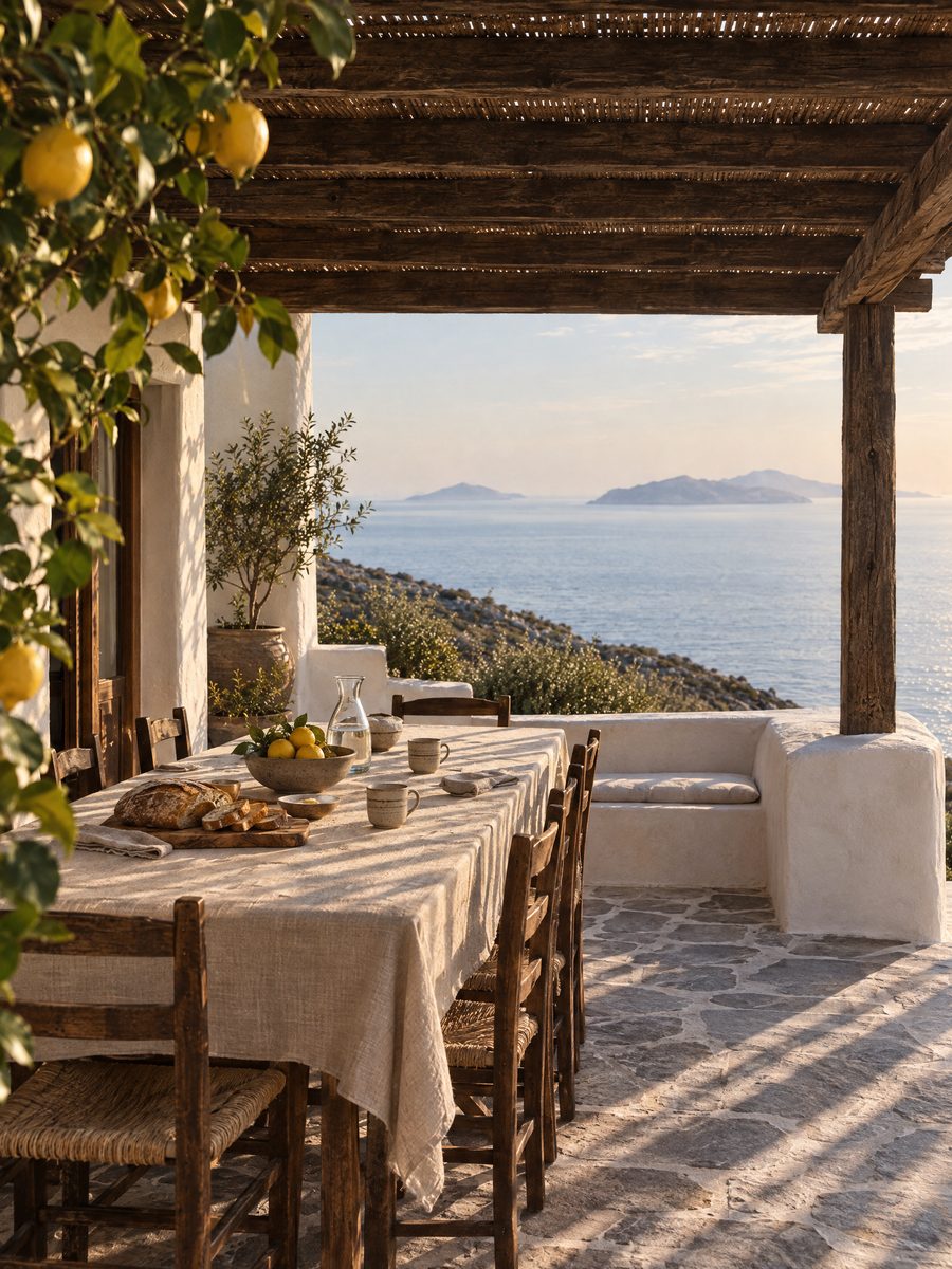 Breakfast table under a timber pergola above the sea, shown as concept imagery