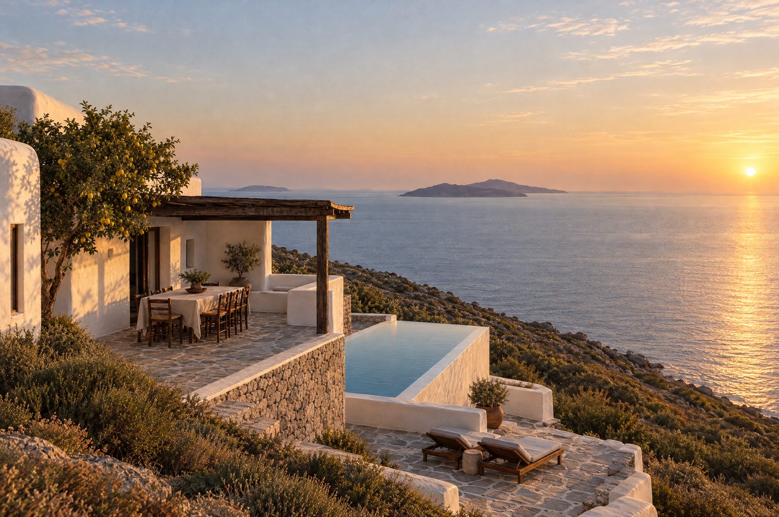 Concept image of The Terrace, a whitewashed house with a pergola terrace above the sea at golden hour