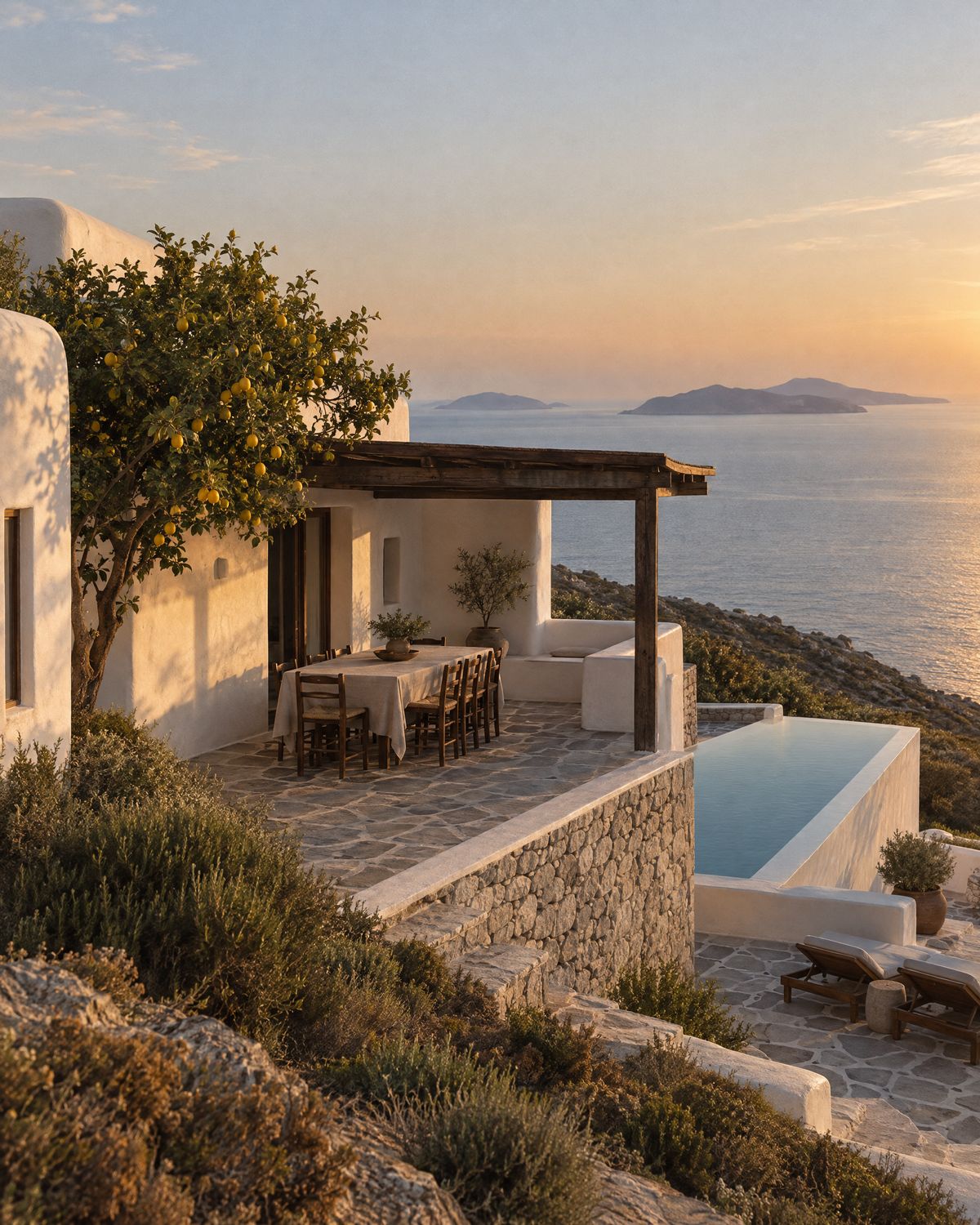 The Terrace at golden hour: a whitewashed house with a pergola terrace and infinity pool above the sea (AI concept image)