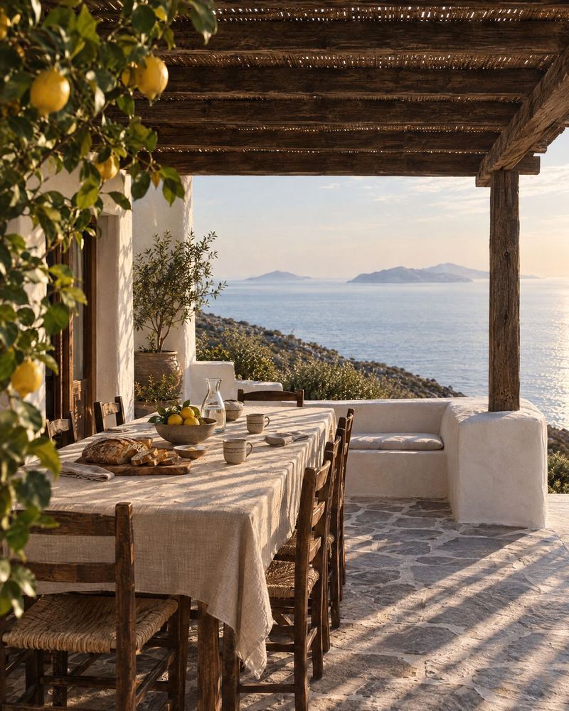 Breakfast table under the timber pergola