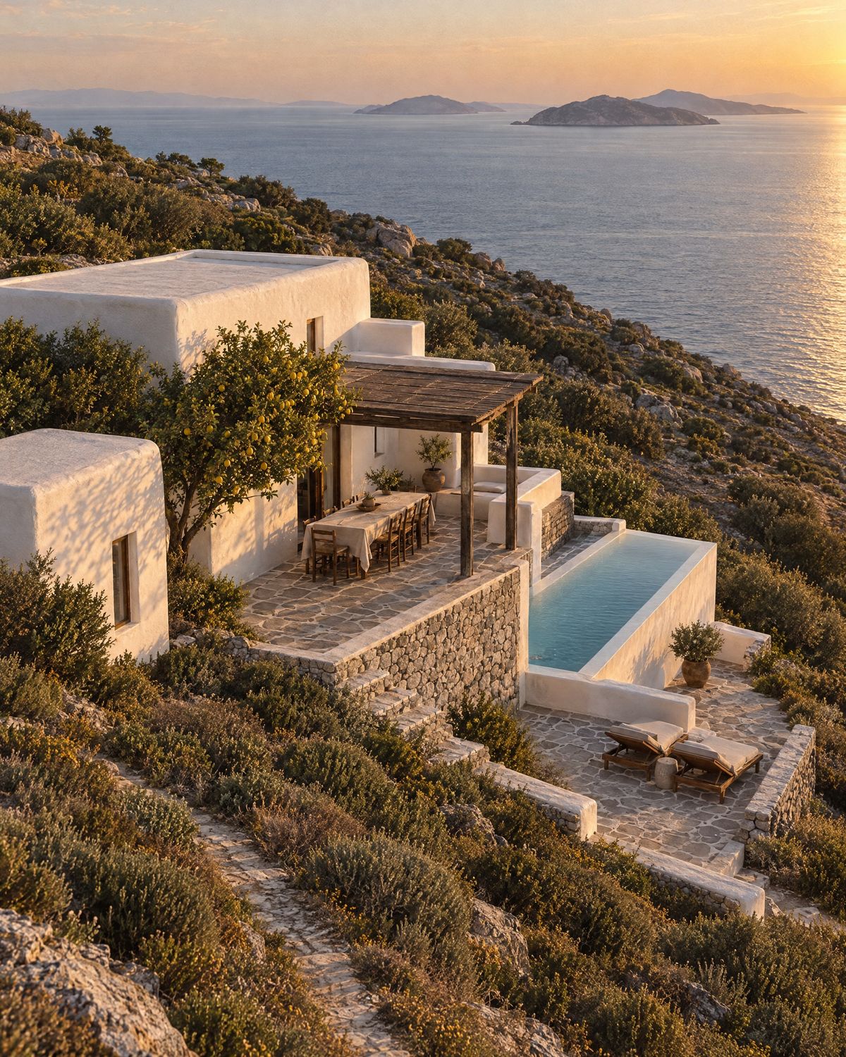 Aerial view of the house on its hillside above the sea
