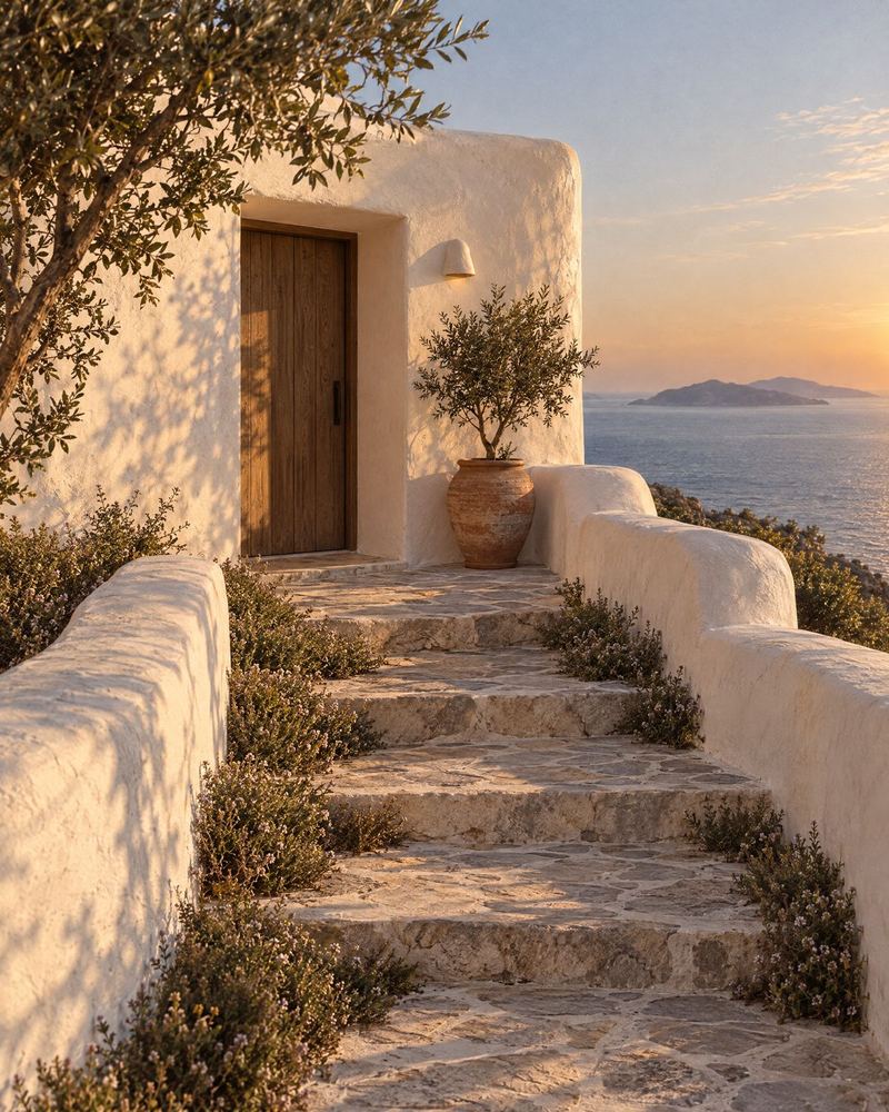 Stone steps leading to the oak front door