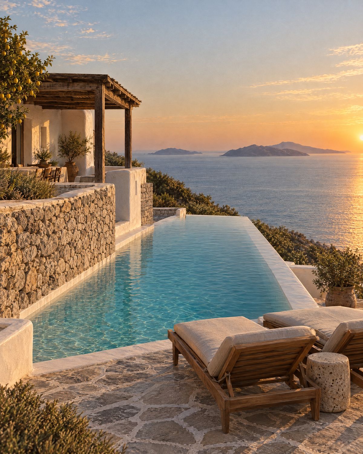 The infinity pool and loungers at golden hour