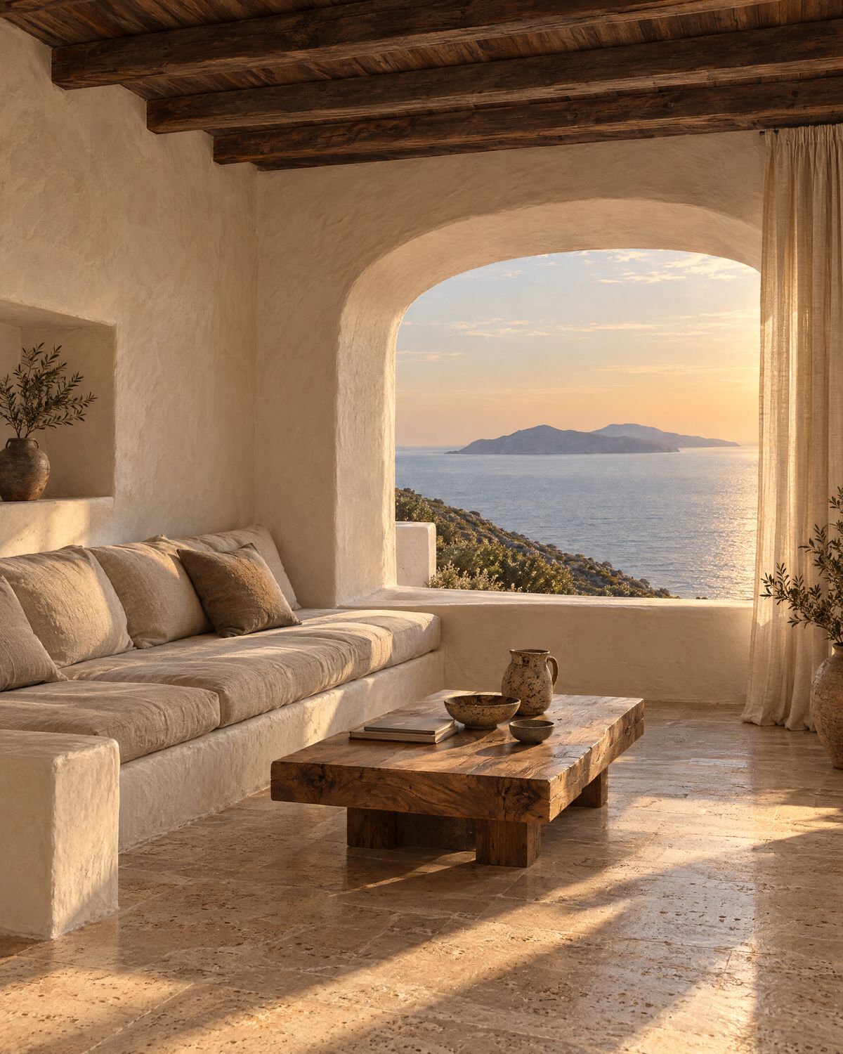 Living room with a plaster sofa and an arched window to the sea