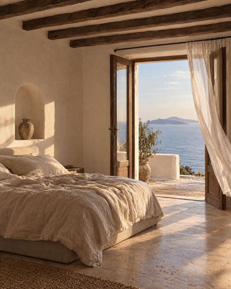 Sea bedroom with linen bed and open terrace doors