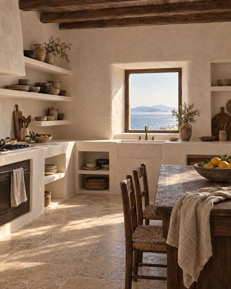 Plaster kitchen with open shelves and a sea window