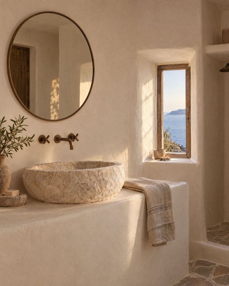 Plaster bathroom with a stone basin and sea window