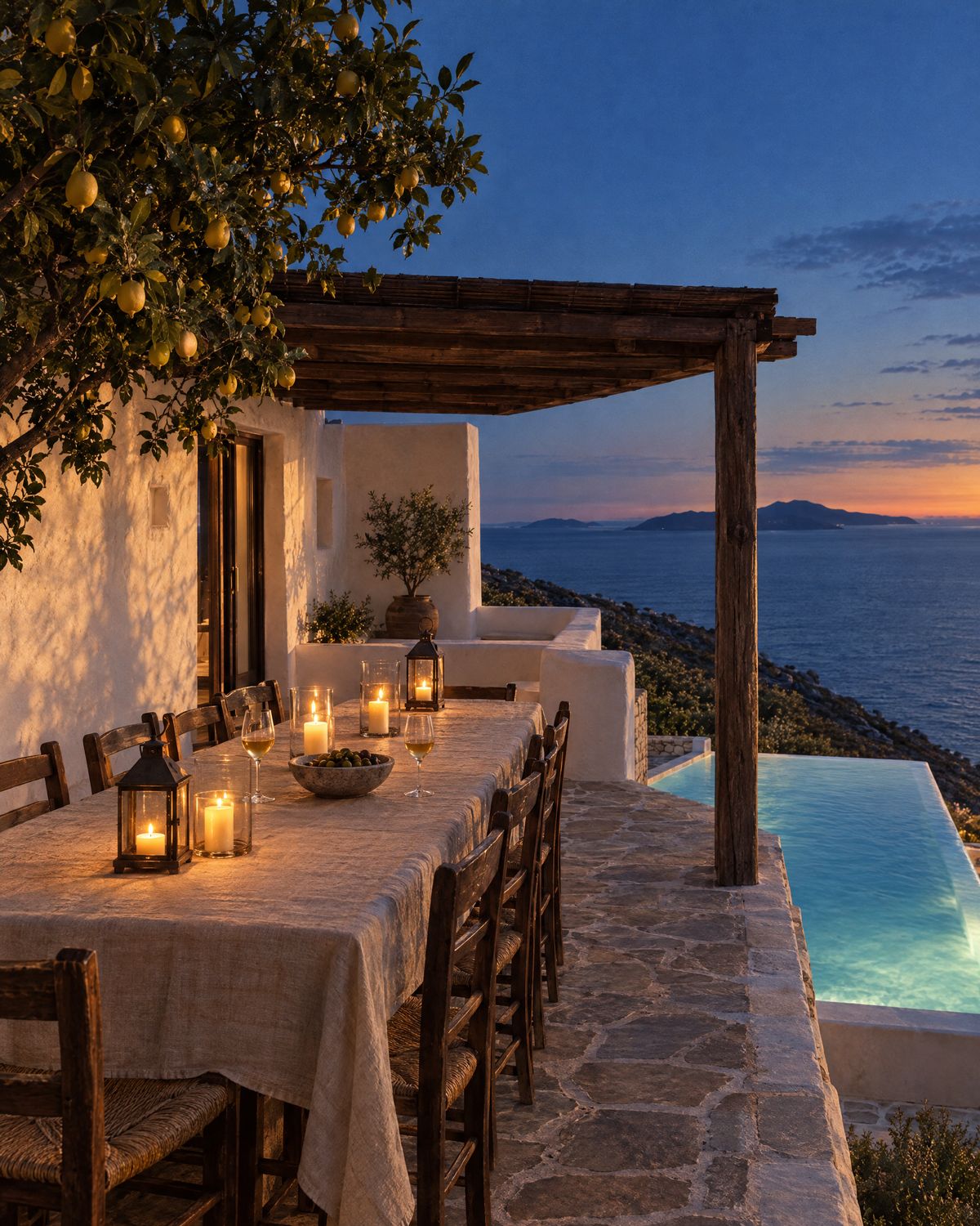The long terrace table with candles at blue hour